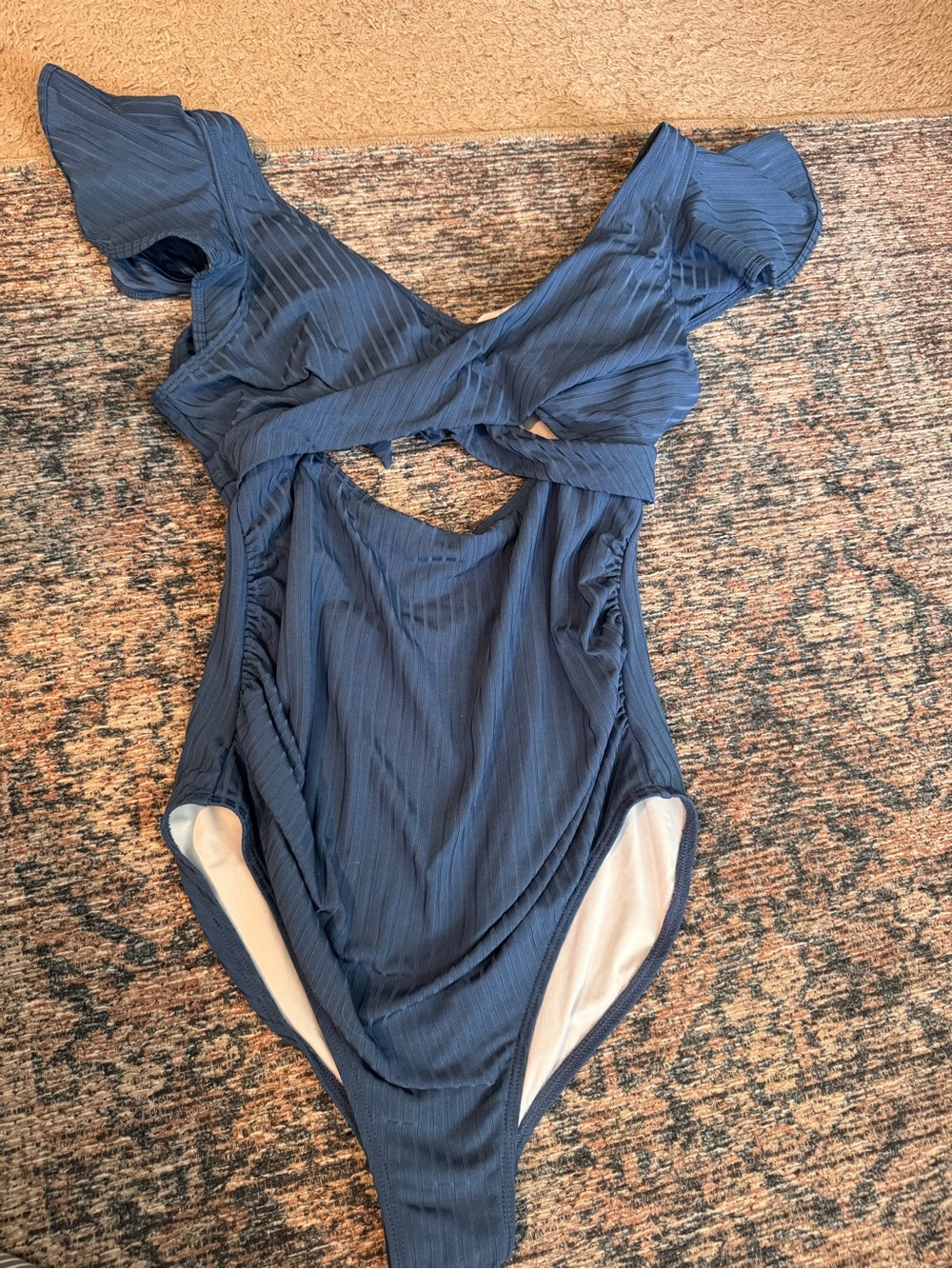 Maternity Blue Navy One-Piece Swimsuit with Ruffle Shoulders Size Large